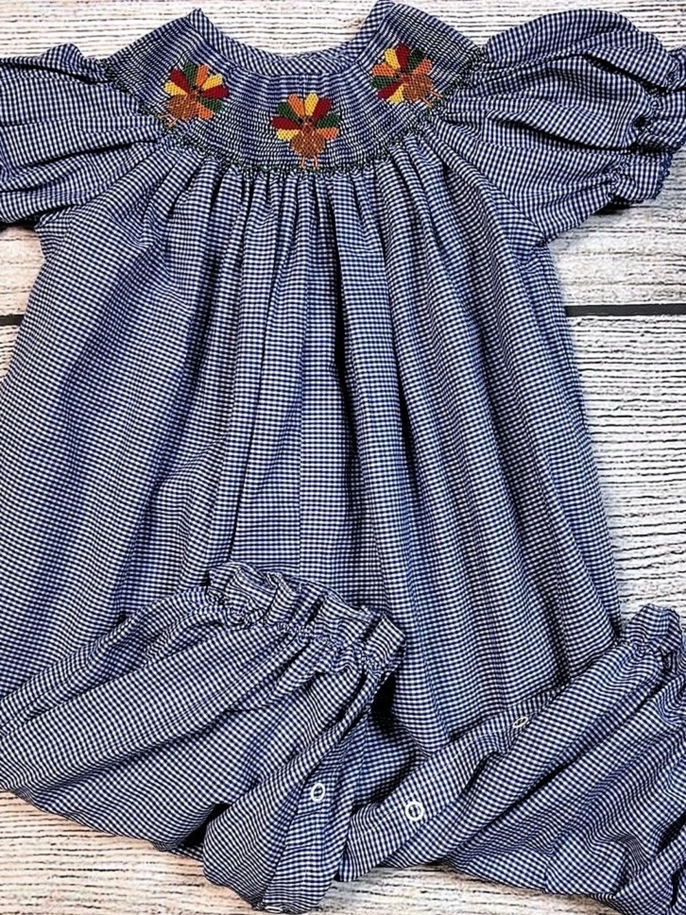 Gobble Smocked Girl Romper, Blue & White